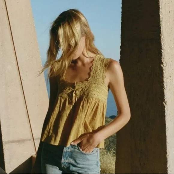 DÔEN Vera Golden Cotton Lace Tank Hand-Feel Texture, Soft Prairie Silhouette - L - Picture 7 of 8
